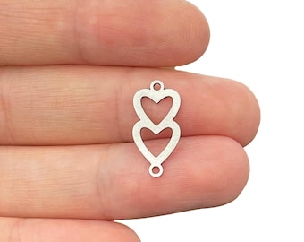 Connecteurs de liaison coeurs en acier inoxydable, breloque double coeur avec 2 boucles, Connecteurs de boucles d'oreilles, Connecteurs de liaison pour fournitures de fabrication de bijoux STL-4206
