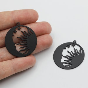 Black Plated Sun Moon Stars Charm Pendant, Celestial Sun Crescent Moon Stars Earring Necklace Charm, Laser Cut Celestial Jewelry P-1070