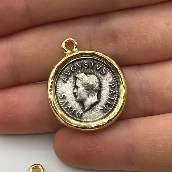 Gold and Silver Plated Ancient Roman Augustus Coin Pendant, Roman Cameo Head Coin Charm, Antique Necklace Coin Pendant MD-1014