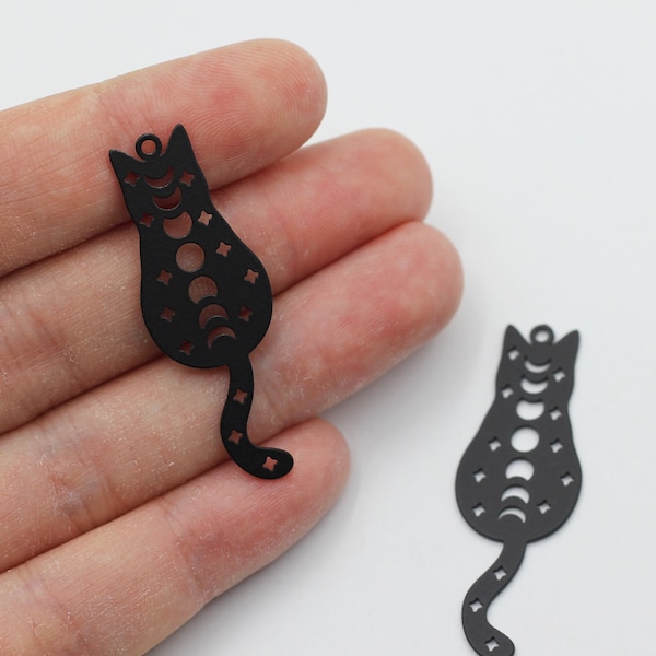 Black Plated Cat Charm, Moon Phases and Stars on Cat Charm, Steel Earring Findings, Animal Pendant, DIY Jewelry Supplies P-2039