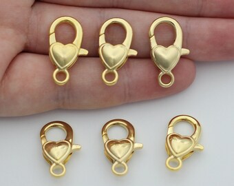 24k Shiny Gold Plated Heart Clasp, Heart Parrot Clasp, Lobster Claw Clasps, Chain Connector, Heart Necklace Closured, Gold Jewelry Supplies