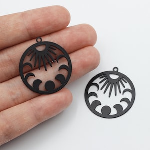 Black Plated Moon Phase Charm, Steel Sun and Moon Charm, Stainless Steel Earring Charms, Laser Cut Jewelry Making Supplies P-1002