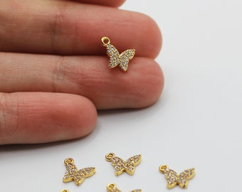 8x9mm 24K Gold Schmetterling Anhänger, CZ Micro Pave Schmetterling Perlen, Zirkonia Perlen, Pave Perlen, Vergoldete SchmuckZubehör CZ-1010