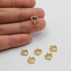 9x11mm 24K Shiny Gold Heart Charm, Micro Pave Heart Charm, Mini Heart Charms, Pave Heart Beads, Zirconia Charm, Gold Plated Findings CZ-1009