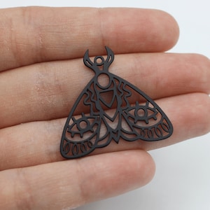 Black Plated Moth Charm, Geometric Moth Pendant, Eyes on Moth Charm, Butterfly Charm Earring Findings, Steel Jewelry Supplies P-1318