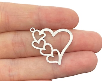Breloque coeur en acier inoxydable, lunette coeur ouvert en acier, breloque coeurs dans une rangée, connecteurs de boucle d'oreille en acier, pendentif coeur contour STL-4203