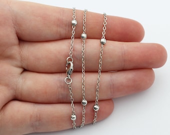 Rhodium Plated Ball Satellite Flat Cable Ready Necklace Chain, Ready to Wear, Silver Finished Dainty Necklace, Rhodium Jewelry Supplies