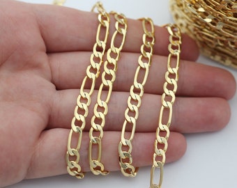 Shiny Gold Plated Figaro Chain, Gold Curb Chain, 6mm Flat Soldered Unfinished Chain, Gold Plated Chains, Necklace Findings, Jewelry Supplies