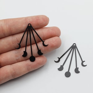 Black Plated Moon Phases Earring Charm, Moon and Stars Pendant, Geometric Crescent Moon Charm, Laser Cut Celestial Earring Charms P-1210