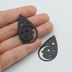 Black Plated Moon Charm, Crescent Moon Face Charm, Drop Moon and Stars Earring Charm, Steel Earring Charms, Jewelry Making Supplies P-1072
