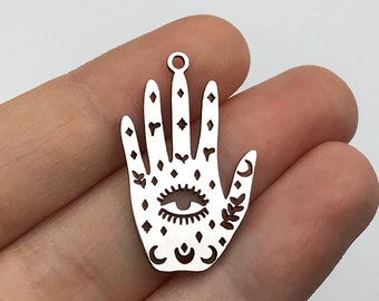 2pcs Stainless Steel Third Eye Hand Charm, Hand Evil Eye Charm Pendant, Palmistry Hand Charm, Mystical Celestial Charms Findings STL-3290