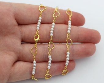 Shiny Gold Plated Pearl Beaded Chain Necklace, Brass Heart Beaded Chain, Pearl Satellite Chain, Ready Chain, Gold Finished Chain