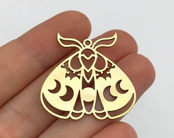 2pcs Raw Brass Moth Charm, Moon Phases on Moth Charm, Moth Pendant, Mystical Charms for Jewelry Making, Laser Cut Jewelry Supplies RW-1314