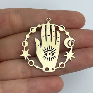 2pcs Raw Brass Hand Charm, Hamsa Charm, Moon Phases Eye Hand Charm, Halloween Charms, Celestial Hand Charm, Jewelry Making Supplies RW-1565