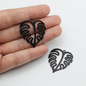 Black Leaf Charm, Black Plated Monstera Leaf Earring Charm, Stainless Steel Earring Findings, Jewelry Supplies, Laser Cut Findings P-1879