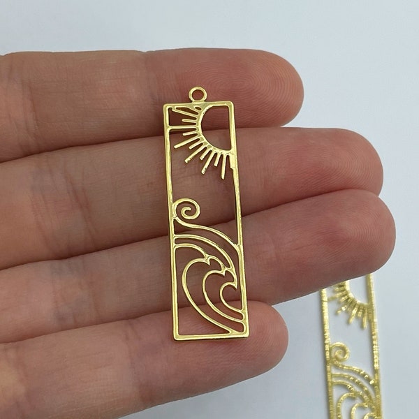 24k Gold Plated Bar Charm, Sun and Waves Bar Charm Pendant, Rectangle Sun and Breeze Earring Bar Charm, Laser Cut Jewelry Supplies GLD-1117