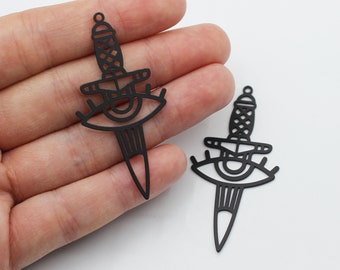 Black Plated Sword Charm, Evil Eye on Sword Charm, Black Plated Earring Pendants, Laser Cut Earring Charms Jewelry Making Supplies P-1865