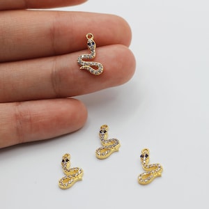 8x15mm 24K Shiny Gold Tiny Snake Bracelet Charm, CZ Micro Pave Snake Charm, Animal Charms, Zirconia Charms, Gold Plated Findings CZ-1006