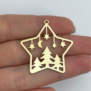 2pcs Raw Brass Star Charm, Christmas Tree with Moon and Stars Charm, Brass Earring Charms, Christmas Charms, Jewelry Making Supplies RW-1625