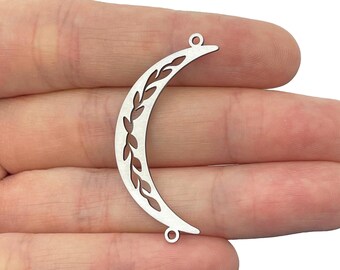 Stainless Steel Moon Charm, 6 Steel Crescent Moon And Branch Shaped Charms With 2 Loops, Steel Jewelry Findings 19x40x0.80mm STL-4277