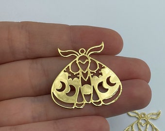 24k Gold Plated Moth Charm, Moon Phases on Moth Charm, Moth Pendant, Mystical Charms for Jewelry Making, Gold Plated Earring Charms GLD-1314