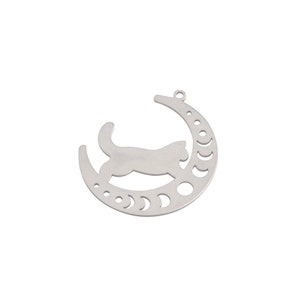 2pcs Stainless Steel Cat Charm, Cat on Crescent Moon Charm, Surgical Steel Earrings Necklace Charms, Earring Findings Supplies STL-3947