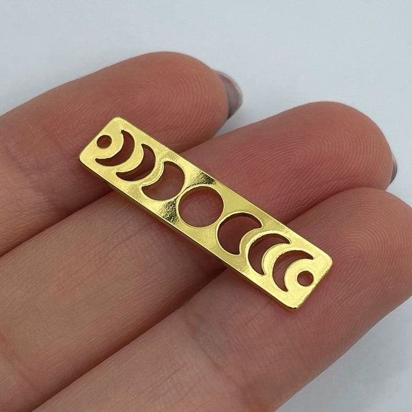 24K Gold Plated Moon Phase Bar Charm, Moon Phase Crescent Pendant, Rectangle Moon Bar Connector 2 Holes, Laser Cut Jewelry Supplies GLD-1035