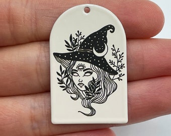2pcs Colored Stainless Steel Witch Charm, Witch Pendant, Domed Moon Witch Charm, Mystery Wicca Pagan Witch Charms, Jewelry Supplies PTD-1009