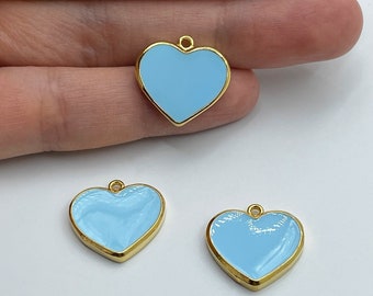 17x18mm 24K brillant plaqué or coeur charme, pendentif coeur émail, bébé bleu coeur charme, résultats de collier, bijoux fournitures CZ-1087