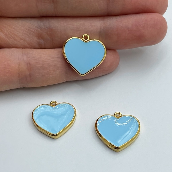 17x18mm 24K Shiny Gold Plated Heart Charm, Enamel Heart Pendant, Baby Blue Heart Charm, Necklace Findings, Jewelry Supplies CZ-1087