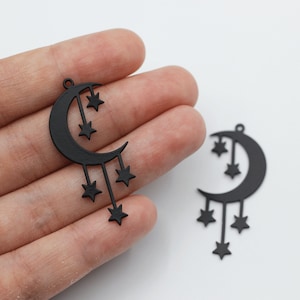Black Plated Stainless Steel Moon Charm, Crescent Moon and Stars Earring Charm, Geometric Moon Charm, Celestial Earring Charms P-1145