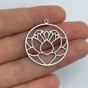 2pcs Stainless Steel Lotus Earring Charms, Round Lotus Flower Pendant, Earring Finding, Laser Cut Jewelry Supplies, Steel Pendants STL-3537