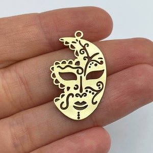2pcs Raw Brass Mask Charm, Masquerade Mask Charm Pendant, Brass Earring Charms, Jewelry Charms for Earring Necklace Making RW-1496