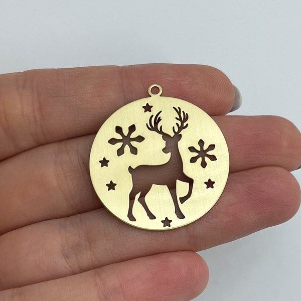 2pcs Raw Brass Reindeer Charm, Deer Charm, Snowflake Charm, Christmas Charms, Brass Earring Charms, Winter Charms, Jewelry Supplies RW-1623