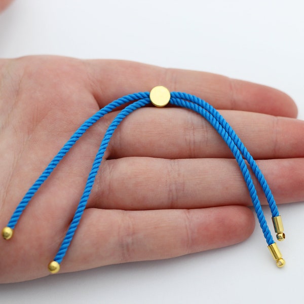 Adjustable Blue Cord Bracelet Blank, DIY Cotton Cord Bracelet, Half Finished Cord Bracelet With Gold Sliding Stopper, Rope Gold Bracelet