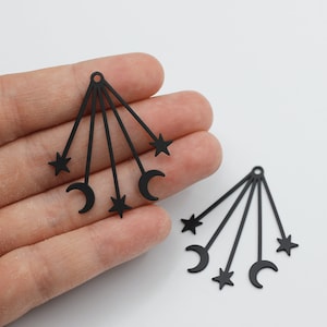 Black Plated Moon and Stars Charm, Stainless Steel Dangle Crescent Moon and Stars Earring Charm Pendant, Steel Earring Charm Findings P-1105