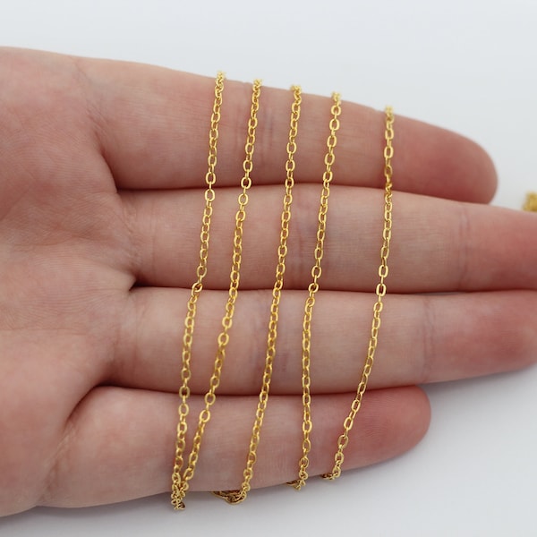 3,3 Foot 24K Shiny Gold Plated Tiny Cable Chain, Gold Oval Link Chain, Gold Plated Flat Rolo Chains, Thin Necklace Chain, Bulk Chain