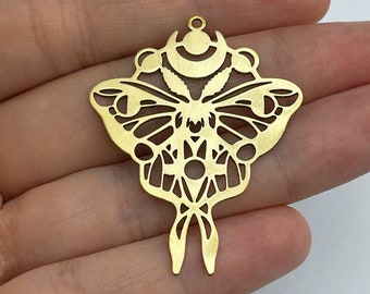 Raw Brass Moth Charm, Moth Pendant, Crescent Moon Moth Charm, Brass Butterfly Charm Pendant, Laser Cut Jewelry Making Supplies RW-1575