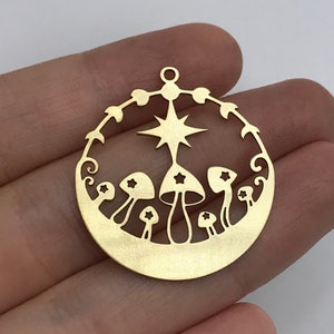 2pcs Raw Brass Mushroom Charm, Moon Phases and Star Mushroom Pendant, Fairy Mushroom Charm, Laser Cut Brass Jewelry Supplies RW-1369