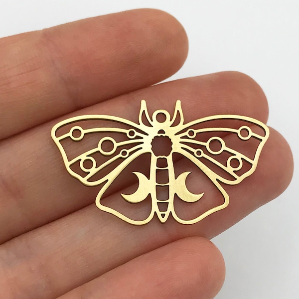 2pcs Raw Brass Moth Charm, Moth Pendant, Crescent Moon on Moth Charm, Brass Butterfly Charm Pendant, Laser Cut Jewelry Supplies RW-1317