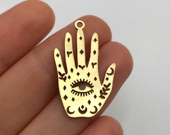 2pcs Raw Brass Hand on Third Eye Charm, Hand Evil Eye Charm Pendant, Palmistry Hand Charm, Mystical Celestial Charms Findings RW-1290