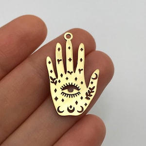 2pcs Raw Brass Hand on Third Eye Charm, Hand Evil Eye Charm Pendant, Palmistry Hand Charm, Mystical Celestial Charms Findings RW-1290