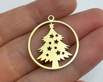 2pcs Raw Brass Christmas Tree Charm, Pine Tree Charm Pendant, Christmas Charms, Brass Findings, Laser Cut Jewelry Supplies RW-1373