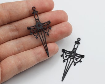 Black Plated Sword Charm, Sword Pendant, Steel Knife Charm, Steel Charms Earring Findings, Halloween Charms, Jewelry Making Supplies P-1355