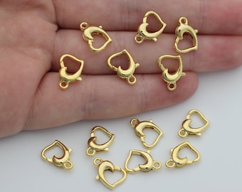 24K Shiny Gold Plated Heart Lobster Clasp, Heart-Shaped Lobster Clasp, Gold Tone Claw Clasp, Heart Necklace Closures, Gold Jewelry Findings