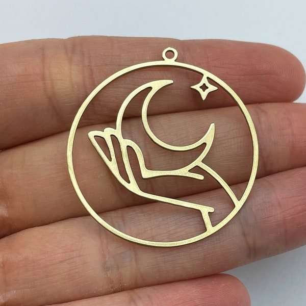 2pcs Raw Brass Round Hand and Moon Charm, Hand Charm, Moon Charm, Brass Earring Charms, Laser Cut Jewelry Making Supplies RW-1427