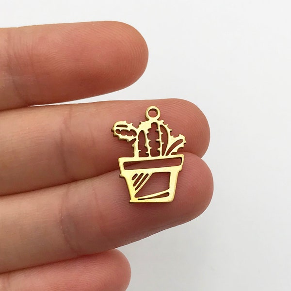 2pcs Raw Brass Tiny Cactus Charm Pendant, Cactus Earring Charm, Potted Plant Charm, Succulent Charms, Jewelry Making Supplies RW-1272