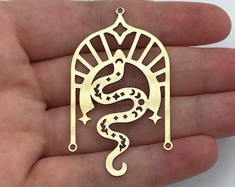 2pcs Raw Brass Snake Charm, Celestial Snake Earring Charm, 2 Hole Star Moon Snake Pendant Brass Jewelry Making Supplies 32x56x0.80mm RW-1847