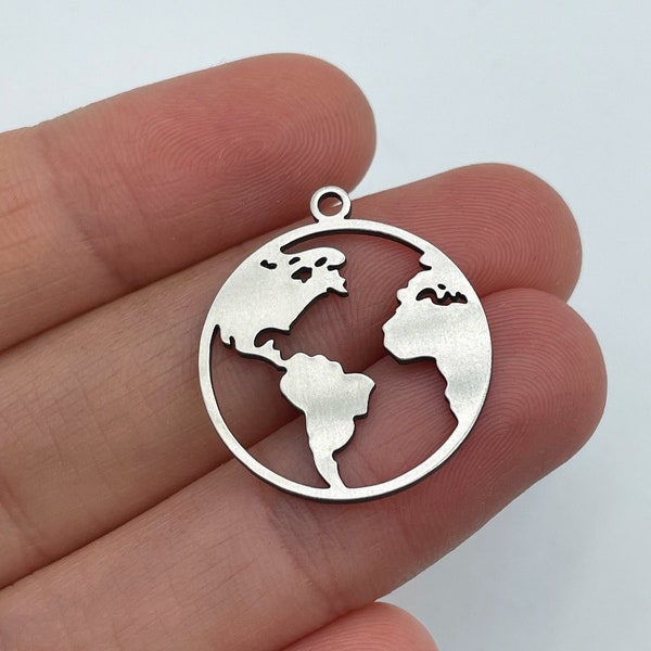 2pcs Stainless Steel World Map Pendant, World Charm, Globe Necklace Charm, Earring Charms, Globetrotter Charm, Jewelry Supplies STL-3008