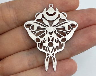 Stainless Steel Moth Charm, Moth Pendant, Crescent Moon Moth Charm, Steel Butterfly Charm, Laser Cut Jewelry Making Supplies STL-3575